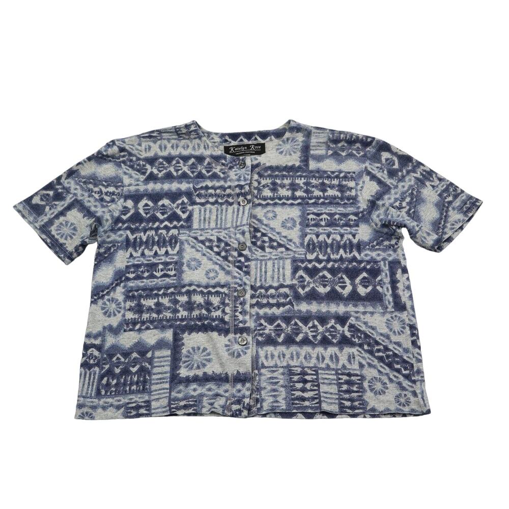 Katelyn Rose Shirt Womens 1X Blue Button Up Short Sleeve Crew Neck Blouse